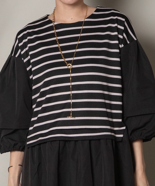 異素材ボーダー バルーン袖ワンピース（ワンピース）｜lodie（ロディ）