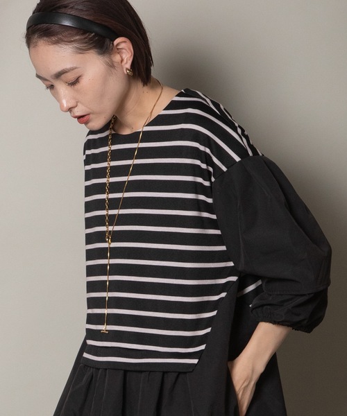 異素材ボーダー バルーン袖ワンピース（ワンピース）｜lodie（ロディ）