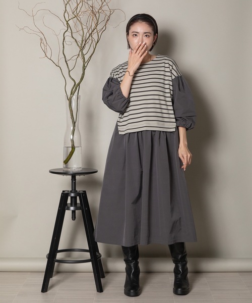 異素材ボーダー バルーン袖ワンピース（ワンピース）｜lodie（ロディ）