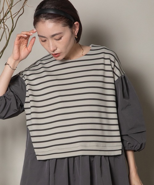 異素材ボーダー バルーン袖ワンピース（ワンピース）｜lodie（ロディ）
