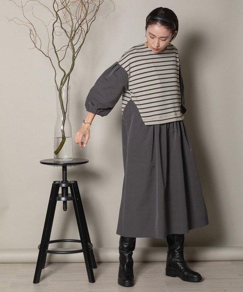 異素材ボーダー バルーン袖ワンピース（ワンピース）｜lodie（ロディ）