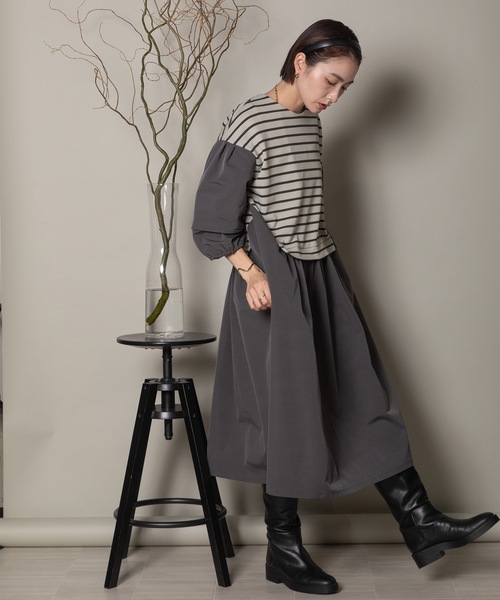 異素材ボーダー バルーン袖ワンピース（ワンピース）｜lodie（ロディ）