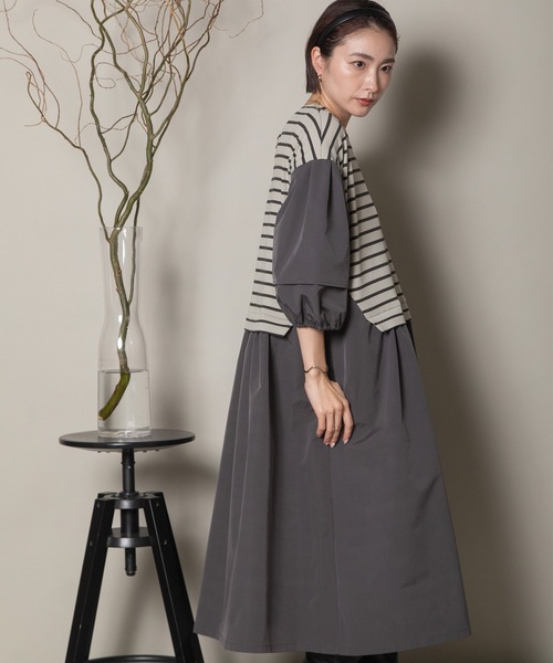 異素材ボーダー バルーン袖ワンピース（ワンピース）｜lodie（ロディ）