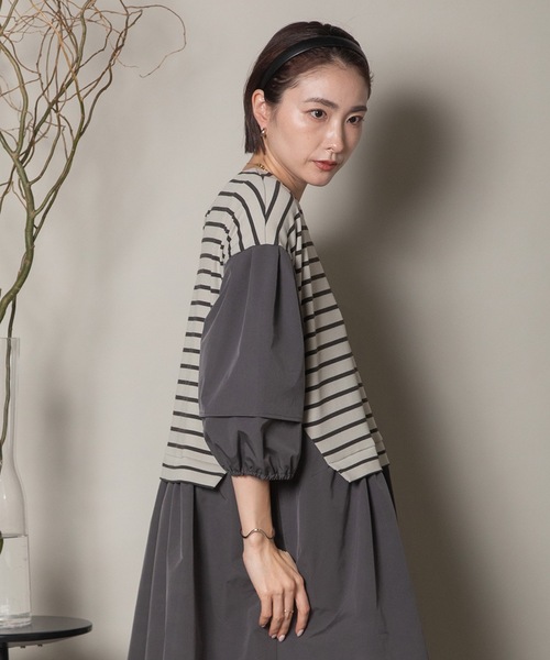 異素材ボーダー バルーン袖ワンピース（ワンピース）｜lodie（ロディ）