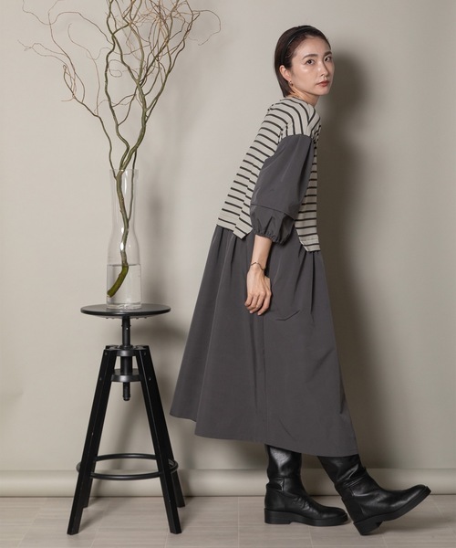 異素材ボーダー バルーン袖ワンピース（ワンピース）｜lodie（ロディ）