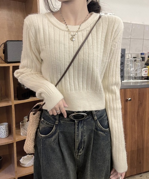 Miniministore(ミニミニストア)の「リブニット トップス きれいめ 長袖(ニット/セーター・レディース・ライトベージュ/ダークベージュ/ワインレッド/ブラック・FREE)」の3枚目の写真
