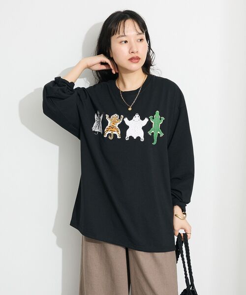 CRAFT STANDARD BOUTIQUE（クラフトスタンダードブティック）の「アニマルプリントL/S TEE-B（Tシャツ/カットソー・レディース・ホワイト/ブラック/ダークグリーン・M/L）」の5枚目の写真