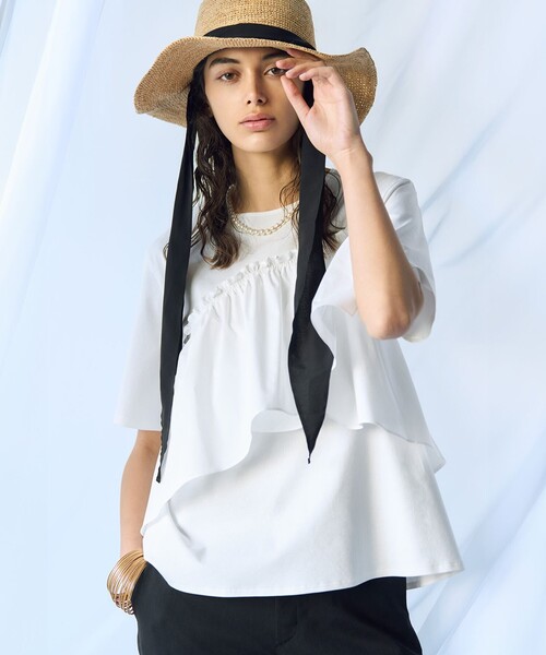 今期　ランダムフリルジャージー ドッキング カットソー 23区 tシャツ 「汗じみ防止/洗える」ランダムフリルジャージー