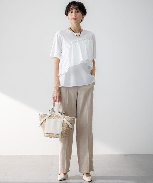 23区 ランダムフリルジャージー ドッキング カットソー 汗じみ防止/洗える】ランダムフリルジャージー ドッキング