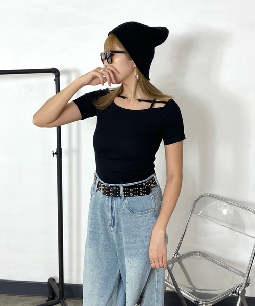 non-hedge(ノンヘッジ)の「プレート付クロスリブTシャツ(Tシャツ/カットソー・レディース・ピンク/オフホワイト/グレー/ブラック・FREE)」の5枚目の写真