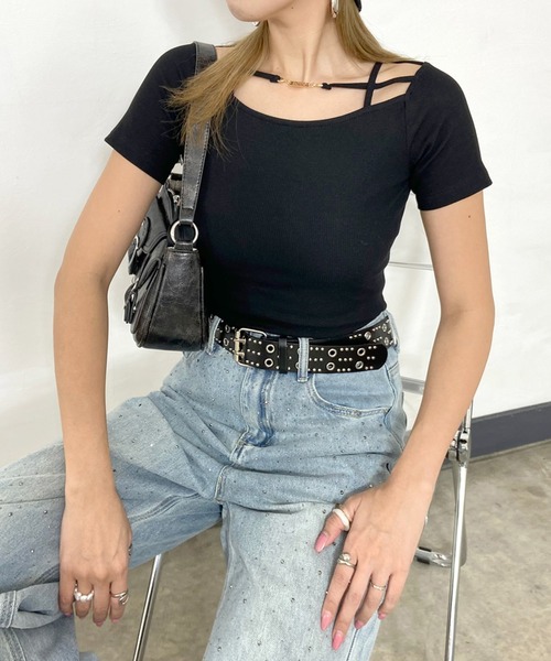 non-hedge(ノンヘッジ)の「プレート付クロスリブTシャツ(Tシャツ/カットソー・レディース・ピンク/オフホワイト/グレー/ブラック・FREE)」の7枚目の写真