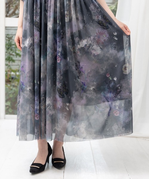 セール】551236：花蝶アート柄 チュール重ねワンピース（ワンピース  