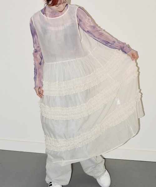 Acka sheer loose one-pieceフリル袖 ロング丈ワンピース Acka. sheer loose one-piece