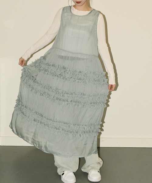 完売品　JOIEVE ruffle lady ワンピース セール】シアー フリルロングワンピース / Sheer Frill Long