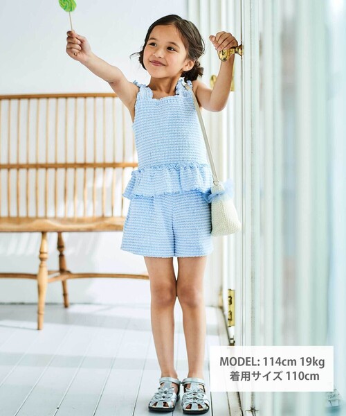 BeBe（ベベ）の「ぽこぽこシャーリングビスチェ+ショートパンツセットアップ(90~140cm)（セットアップ・キッズ・ブルー/イエロー・100cm/120cm/130cm/140cm/110cm）」の14枚目の写真