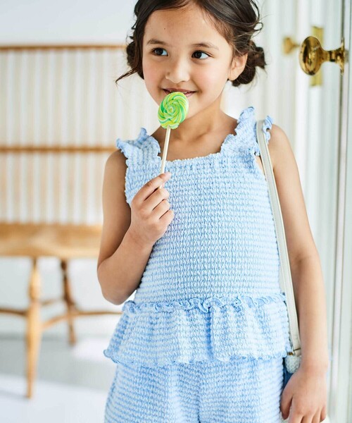 BeBe（ベベ）の「ぽこぽこシャーリングビスチェ+ショートパンツセットアップ(90~140cm)（セットアップ・キッズ・ブルー/イエロー・100cm/120cm/130cm/140cm/110cm）」の15枚目の写真