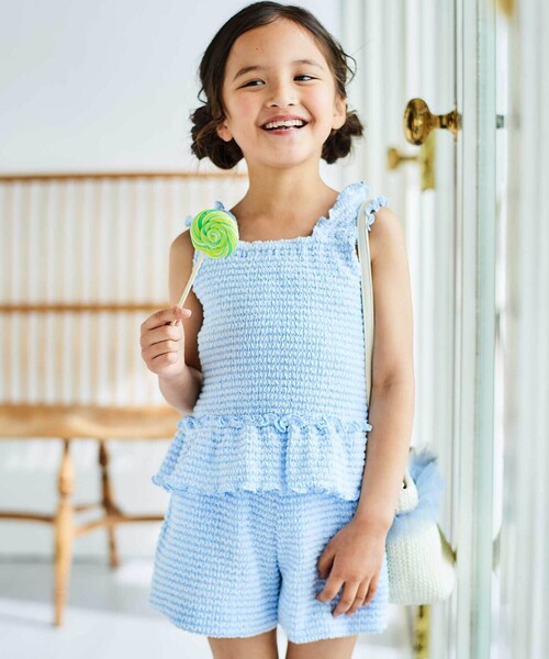 BeBe（ベベ）の「ぽこぽこシャーリングビスチェ+ショートパンツセットアップ(90~140cm)（セットアップ・キッズ・ブルー/イエロー・100cm/120cm/130cm/140cm/110cm）」の20枚目の写真