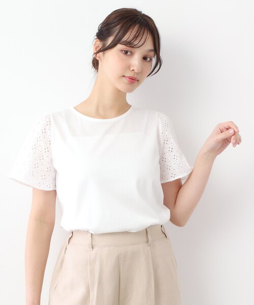 LAURA ASHLEY（ローラアシュレイ）の「【洗える／コットン100％/日本製／袖レース】デザインTシャツ（Tシャツ/カットソー・レディース・ネイビー系6/ライトグレー/オフホワイト・40/38）」の18枚目の写真
