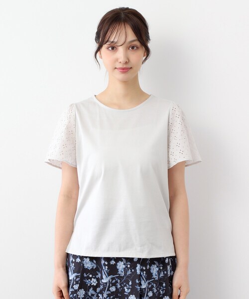 LAURA ASHLEY（ローラアシュレイ）の「【洗える／コットン100％/日本製／袖レース】デザインTシャツ（Tシャツ/カットソー・レディース・ネイビー系6/ライトグレー/オフホワイト・40/38）」の6枚目の写真