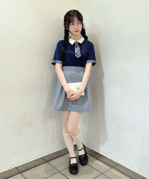 F i.n.t（フィント）の「チェックネクタイ付きクレリックポロシャツ【1枚で快適】/ fint　フィント（ポロシャツ・レディース・ブルー/ミント/ピンク・FREE）」の4枚目の写真