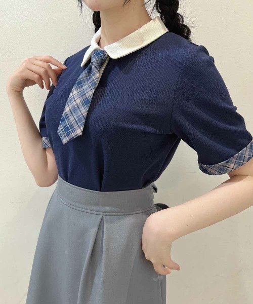 F i.n.t（フィント）の「チェックネクタイ付きクレリックポロシャツ【1枚で快適】/ fint　フィント（ポロシャツ・レディース・ブルー/ミント/ピンク・FREE）」の5枚目の写真