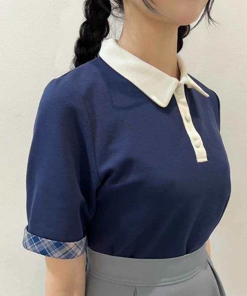 F i.n.t（フィント）の「チェックネクタイ付きクレリックポロシャツ【1枚で快適】/ fint　フィント（ポロシャツ・レディース・ブルー/ミント/ピンク・FREE）」の7枚目の写真