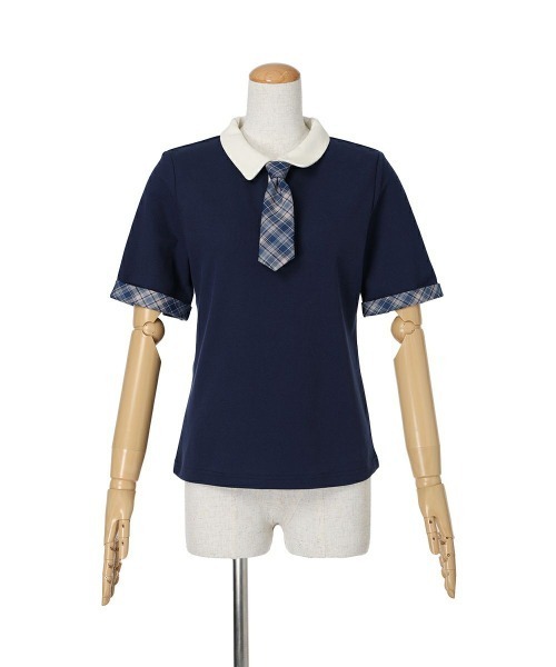 F i.n.t（フィント）の「チェックネクタイ付きクレリックポロシャツ【1枚で快適】/ fint　フィント（ポロシャツ・レディース・ブルー/ミント/ピンク・FREE）」の14枚目の写真