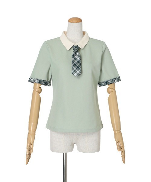 F i.n.t（フィント）の「チェックネクタイ付きクレリックポロシャツ【1枚で快適】/ fint　フィント（ポロシャツ・レディース・ブルー/ミント/ピンク・FREE）」の15枚目の写真