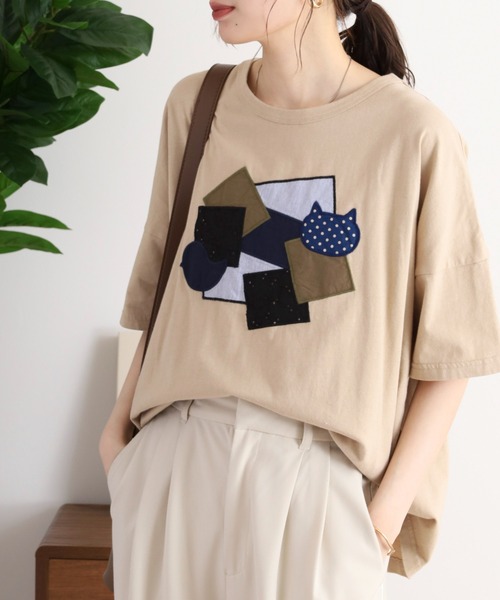 Emago(イマゴ)の「EMAGO 異素材パッチワークTシャツ(Tシャツ/カットソー・レディース・ブラック/ベージュ/ホワイト・FREE)」の12枚目の写真