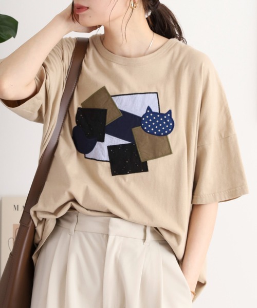 Emago(イマゴ)の「EMAGO 異素材パッチワークTシャツ(Tシャツ/カットソー・レディース・ブラック/ベージュ/ホワイト・FREE)」の13枚目の写真