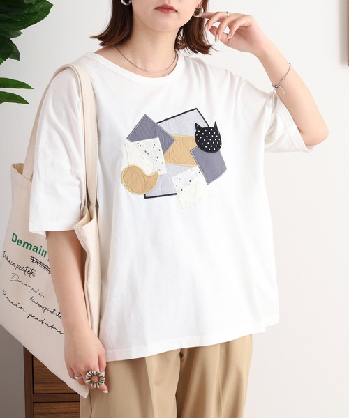 Emago(イマゴ)の「EMAGO 異素材パッチワークTシャツ(Tシャツ/カットソー・レディース・ブラック/ベージュ/ホワイト・FREE)」の4枚目の写真