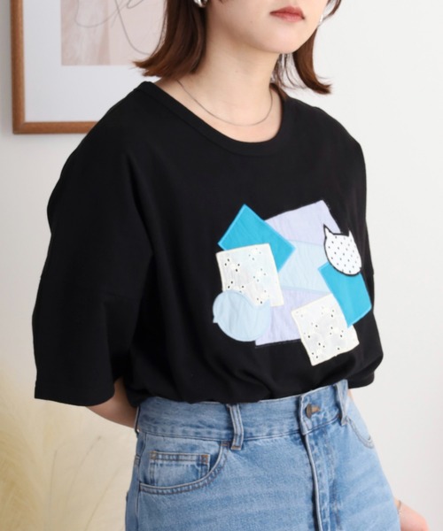 Emago(イマゴ)の「EMAGO 異素材パッチワークTシャツ(Tシャツ/カットソー・レディース・ブラック/ベージュ/ホワイト・FREE)」の8枚目の写真