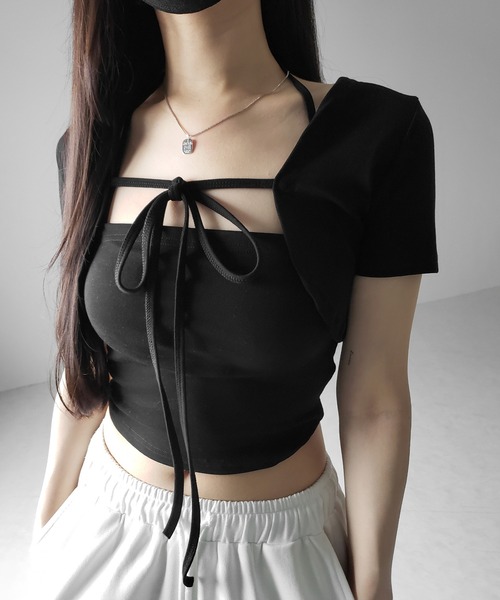 me+em select(ミームセレクト)の「【 2点セット 】フロントリボンショートカーディガン+ ホルターキャミソール SET / front ribbon short cardigan + halter camisole SET(アンサンブル・レディース・ブラック/ホワイト/ライトグレー・FREE)」の17枚目の写真