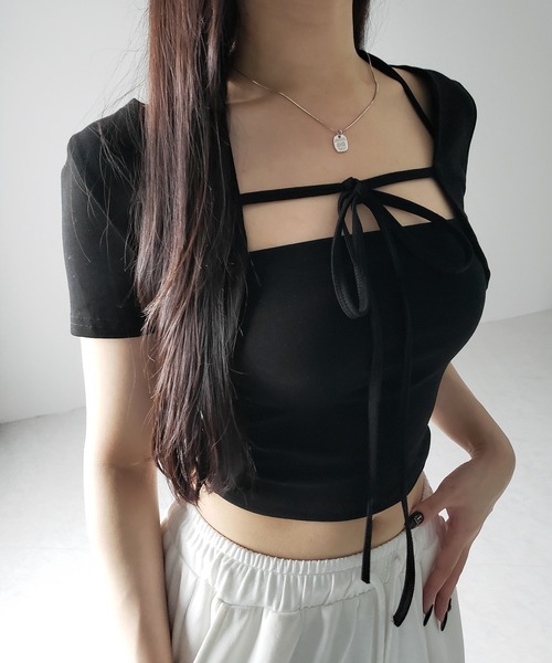 me+em select(ミームセレクト)の「【 2点セット 】フロントリボンショートカーディガン+ ホルターキャミソール SET / front ribbon short cardigan + halter camisole SET(アンサンブル・レディース・ブラック/ホワイト/ライトグレー・FREE)」の18枚目の写真