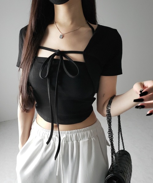 me+em select(ミームセレクト)の「【 2点セット 】フロントリボンショートカーディガン+ ホルターキャミソール SET / front ribbon short cardigan + halter camisole SET(アンサンブル・レディース・ブラック/ホワイト/ライトグレー・FREE)」の19枚目の写真