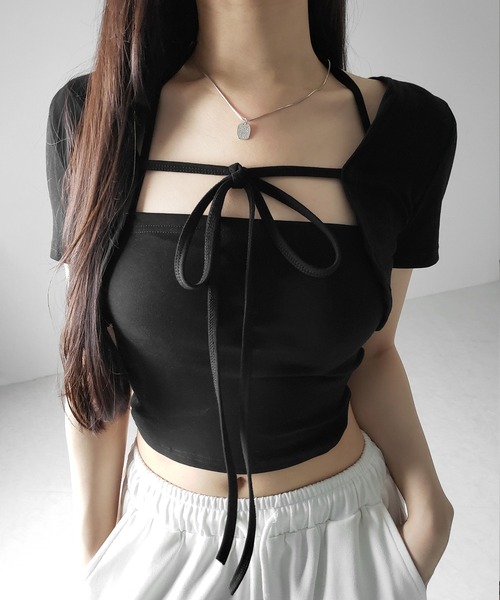 me+em select(ミームセレクト)の「【 2点セット 】フロントリボンショートカーディガン+ ホルターキャミソール SET / front ribbon short cardigan + halter camisole SET(アンサンブル・レディース・ブラック/ホワイト/ライトグレー・FREE)」の20枚目の写真