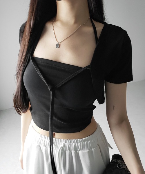 me+em select(ミームセレクト)の「【 2点セット 】フロントリボンショートカーディガン+ ホルターキャミソール SET / front ribbon short cardigan + halter camisole SET(アンサンブル・レディース・ブラック/ホワイト/ライトグレー・FREE)」の21枚目の写真