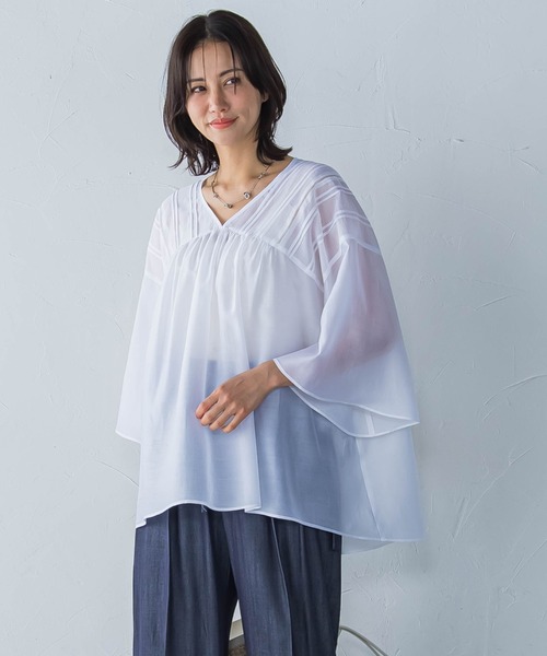 LAUTREAMONT(ロートレアモン)の「ピンタックレースチュニックブラウス≪手洗い可能≫(シャツ/ブラウス・レディース・ホワイト/ブラック・9号)」の1枚目の写真