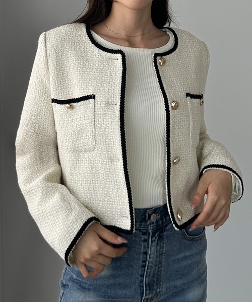 ルネ TISSUE社製 ラメ ツイード ノーカラー ジャケット 花柄 ビジュー 美品♡ ルネ TISSUE ノーカラー ツイード ジャケット 花柄 34