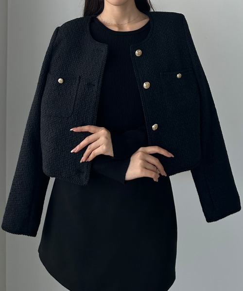 セール】配色ラメツイードジャケット（ノーカラージャケット）｜Louere