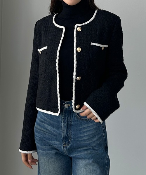 Louere（ルエレ）の「配色ラメツイードジャケット（ノーカラージャケット・レディース・アイボリー/ブラック系その他2/ブラック系その他・X-LARGE/LARGE/MEDIUM/SMALL）」の4枚目の写真