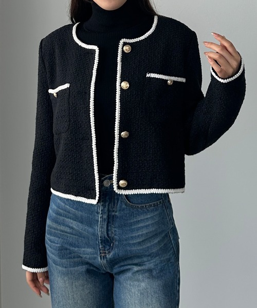 セール】配色ラメツイードジャケット（ノーカラージャケット）｜Louere