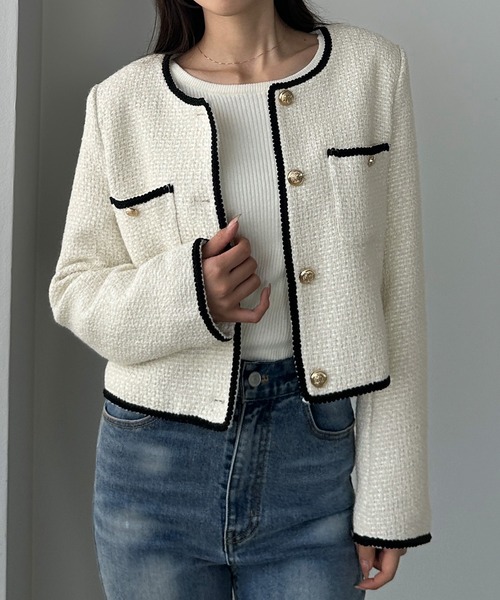 Louere（ルエレ）の「配色ラメツイードジャケット（ノーカラージャケット・レディース・アイボリー/ブラック系その他2/ブラック系その他・X-LARGE/LARGE/MEDIUM/SMALL）」の9枚目の写真