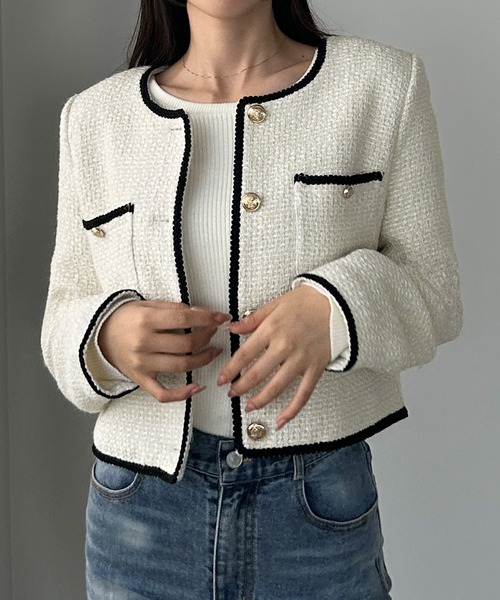 Louere（ルエレ）の「配色ラメツイードジャケット（ノーカラージャケット・レディース・アイボリー/ブラック系その他2/ブラック系その他・X-LARGE/LARGE/MEDIUM/SMALL）」の10枚目の写真