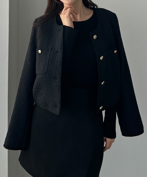 Louere（ルエレ）の「配色ラメツイードジャケット（ノーカラージャケット・レディース・アイボリー/ブラック系その他2/ブラック系その他・X-LARGE/LARGE/MEDIUM/SMALL）」の13枚目の写真