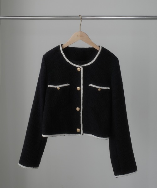 美品♡ハロッズ ツイード ノーカラー ジャケット サイドライン ラメ 1 Louere ジャケット ノーカラージャケット ファンシーラメツイード