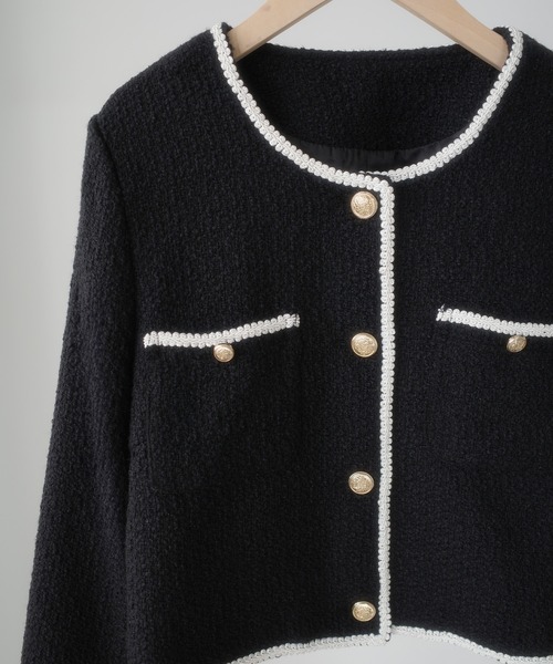 セール】配色ラメツイードジャケット（ノーカラージャケット）｜Louere