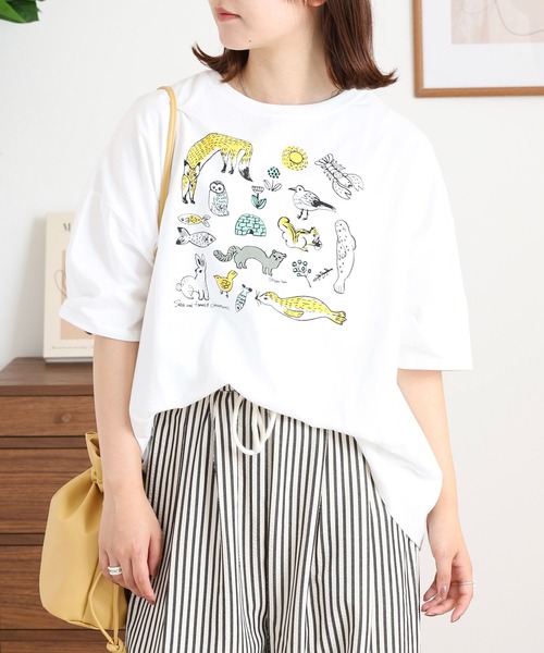 BARNDOOR(バーンドア)の「20天竺 ドルマン前プリント半袖Tシャツ(Tシャツ/カットソー・レディース・ミント/ブルー系1/オフホワイト/ブラック系2/ホワイト系1/ホワイト系2・FREE)」の2枚目の写真