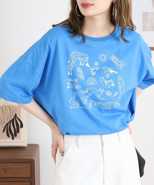 BARNDOOR(バーンドア)の「20天竺 ドルマン前プリント半袖Tシャツ(Tシャツ/カットソー・レディース・ミント/ブルー系1/オフホワイト/ブラック系2/ホワイト系1/ホワイト系2・FREE)」の6枚目の写真