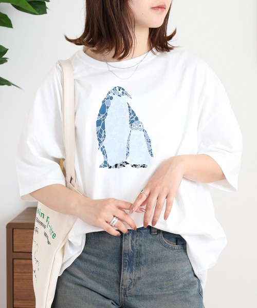 BARNDOOR(バーンドア)の「20天竺 ドルマン前プリント半袖Tシャツ(Tシャツ/カットソー・レディース・ミント/ブルー系1/オフホワイト/ブラック系2/ホワイト系1/ホワイト系2・FREE)」の1枚目の写真